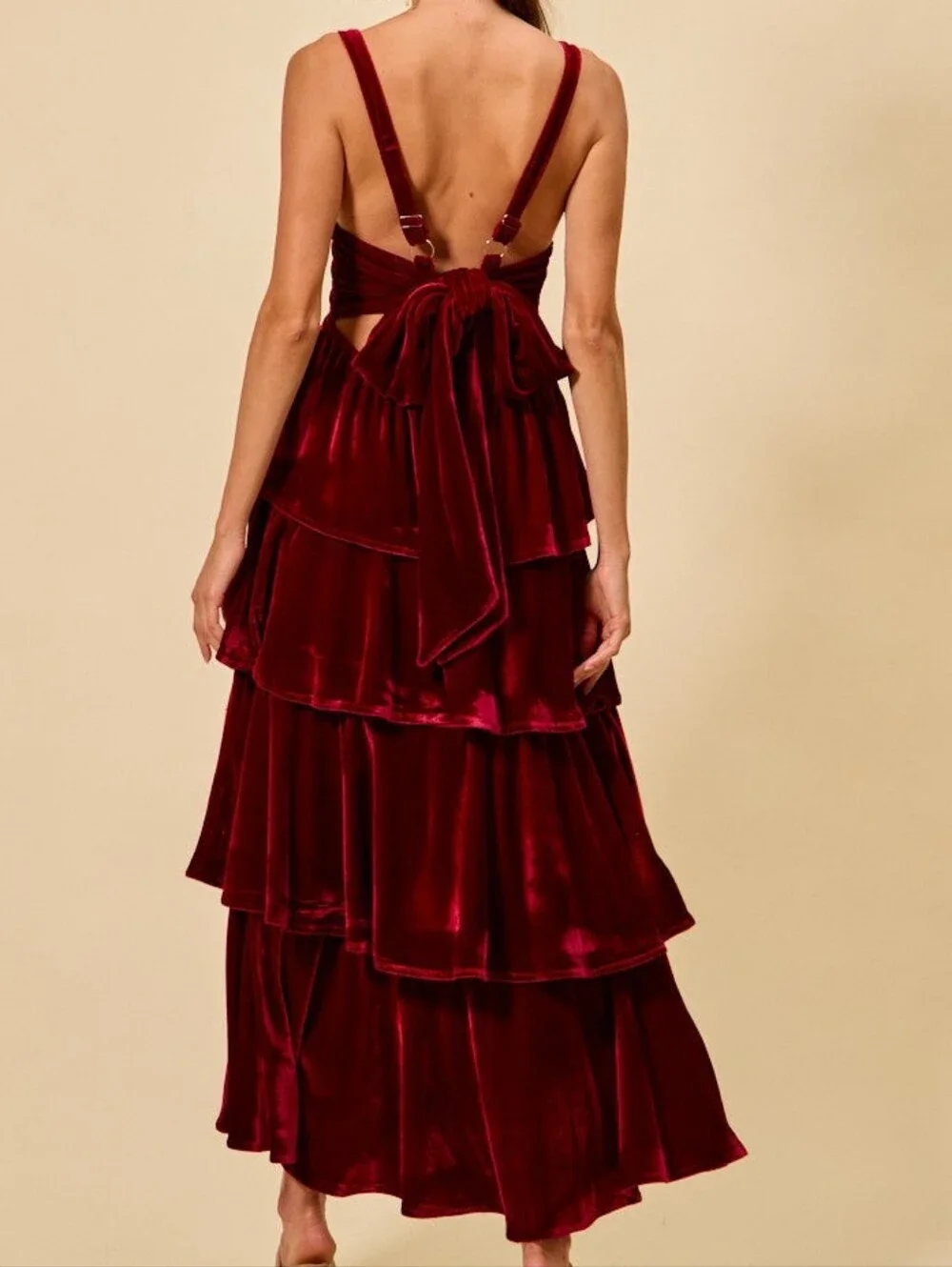 Green Velvet Tiered Maxi Dress, S - Picture 2 of 7